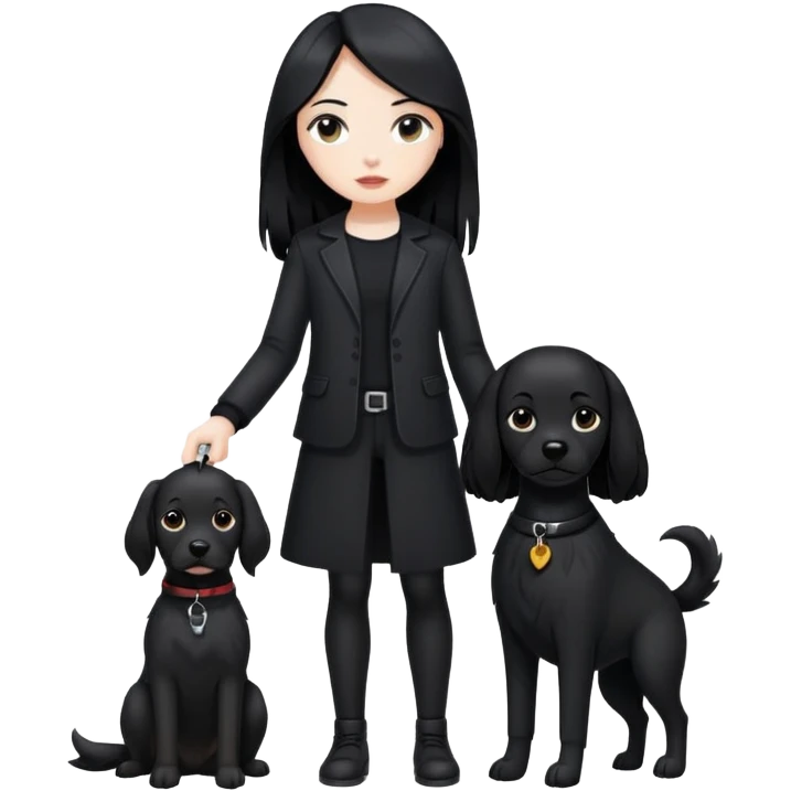 A girl with long black hair wearing black clothes holding a black dog in one hand emoji