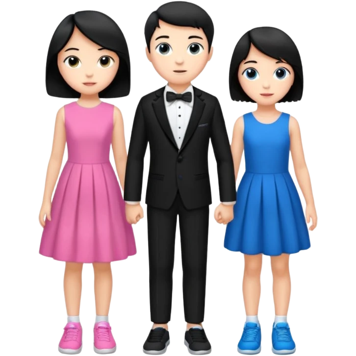 generate a pretty bratz fair skinned boy with short black hair wearing a black tux with blue sneakers with a girl in a pink dress emoji