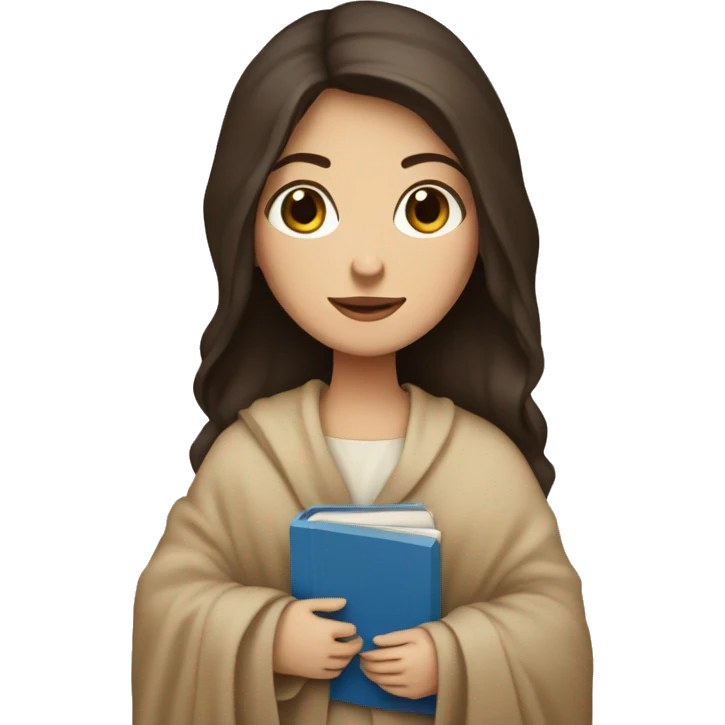 brunette with blue eyes in a blanket with a beige book in her hands emoji