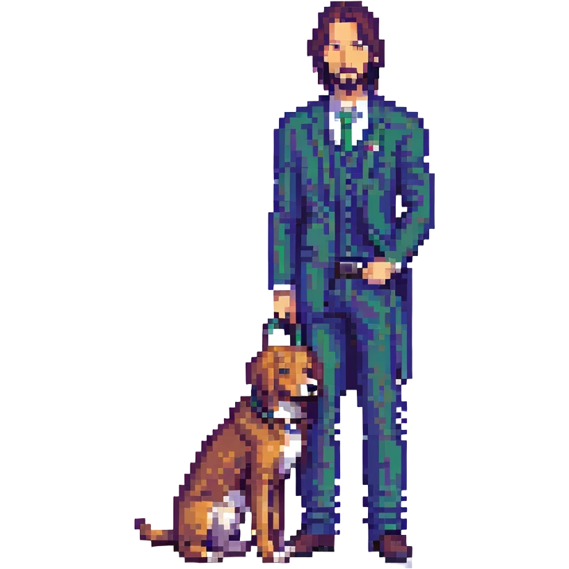 John Wick in pixel art style, holding a dog, simple background, pixelated look emoji