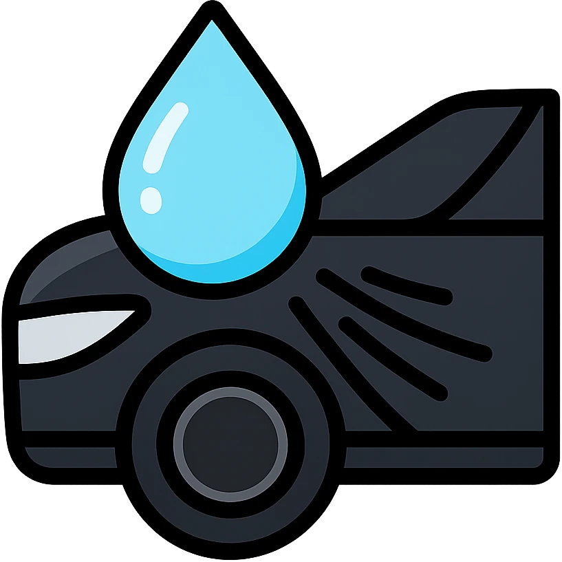 light blue or silver water droplet sliding on glossy black mirror-like paint of a high-end vehicle, main color glossy black, subtle repellent effect with water lines moving away, modern and clean icon emoji