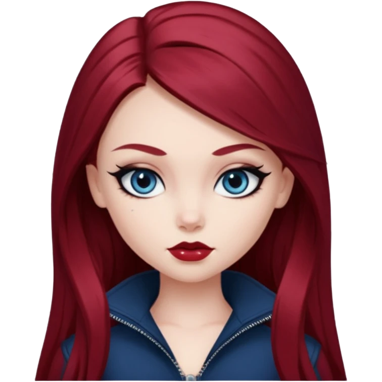 pale skin, girly bratz baddie, beautiful dark blue eyes, sharp black eyeliner, long dark red hair emoji