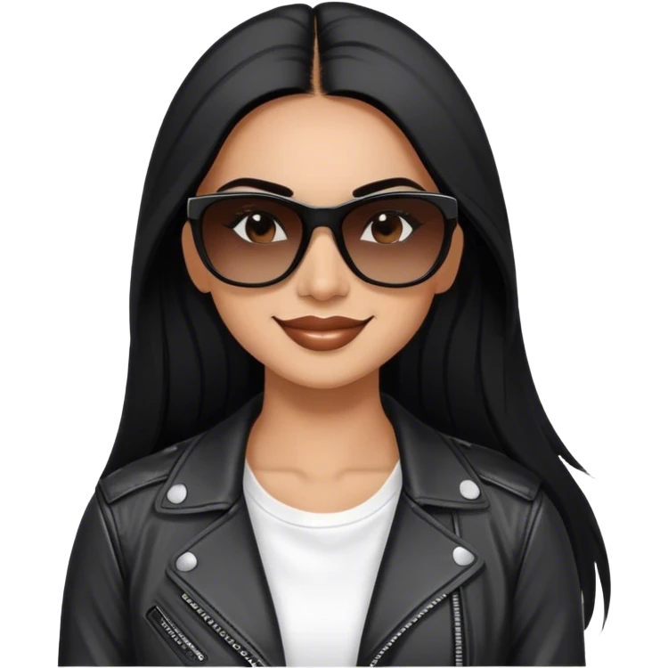 beautiful fit woman, with long straight black hair, with make up, black eye liner, smile mooth close, mexican, brown skin, wearing white tee, wearing leather black jacket, solar black wayfarer rayban emoji