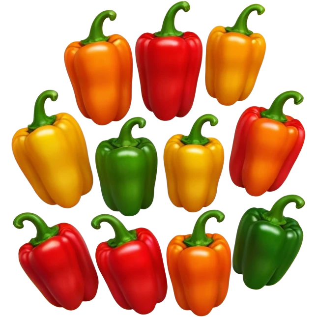 Cinematic bright colorful peppers, glossy and fresh, arranged in a vibrant mix of red, yellow, and green, warm glowing background, fresh and lively. emoji