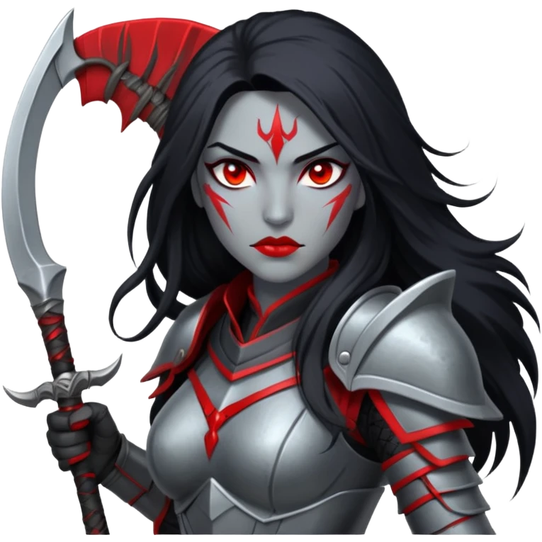 f a warrior woman with silver-gray skin, red eyes, long black hair with a red streak, wearing dark Amazonian armor, holding a scythe, with red energy crackling around her.” emoji