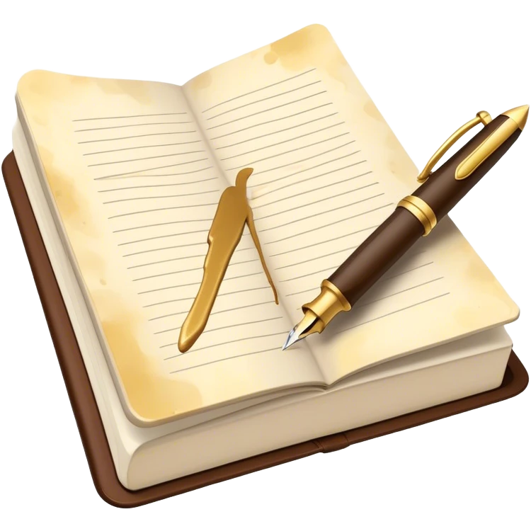Create a vibrant emoji representing prose writing. The design should include a classic fountain pen or quill, an open notebook or a typewriter, with flowing text emerging from it. Use warm, earthy tones like brown, gold, and cream, along with subtle ink splatters to add a creative and artistic touch. The emoji should convey the idea of storytelling, creativity, and literary elegance. Make the background transparent. emoji
