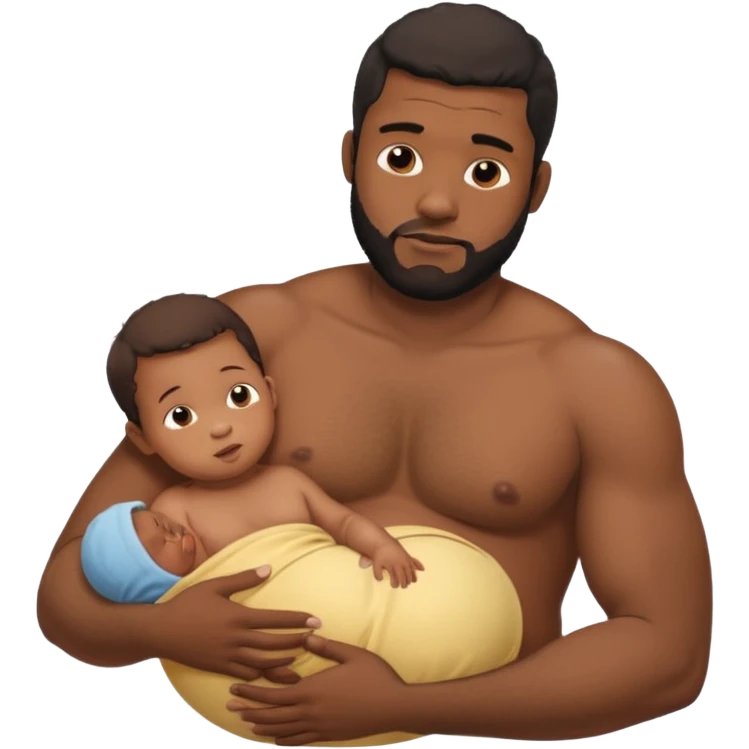 A shirtless pregnant burly black man breastfeeding his baby,  thd baby is suckling on his nipple emoji
