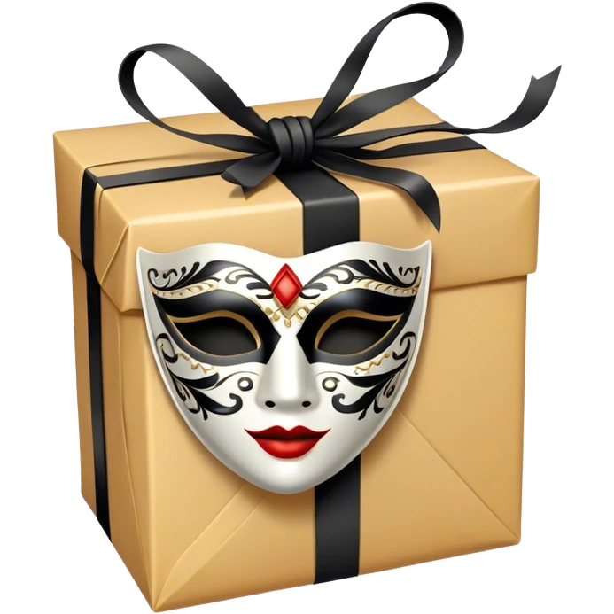 Gift wrapped with black rope and Tiny venetian mask emoji