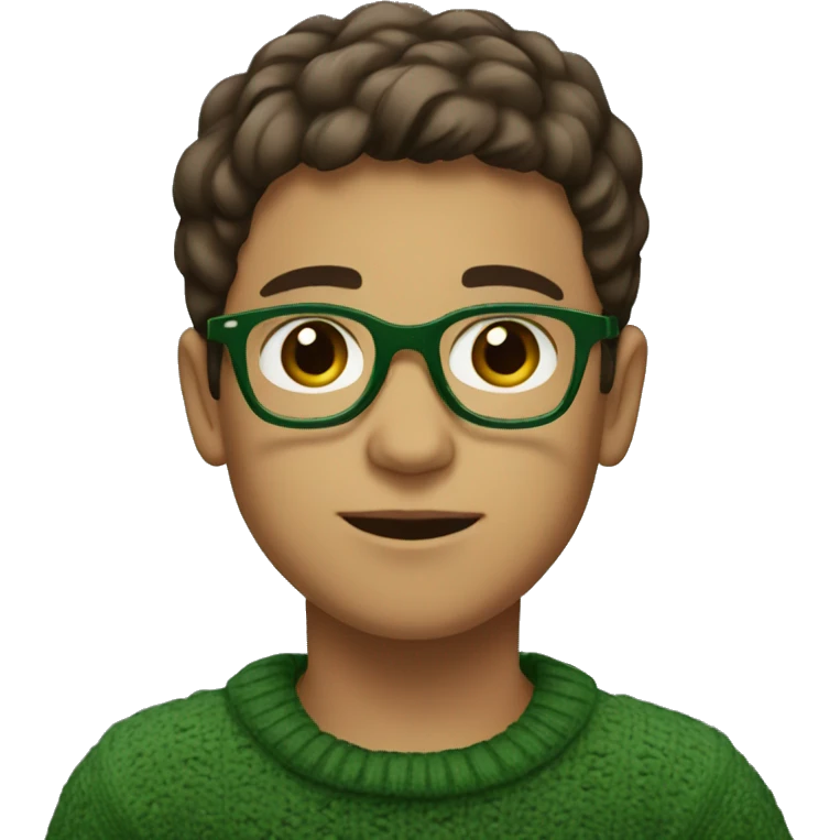 winter, christmas, young boy, short  brown hair, brown eyes, hispanic, dark green sweater, full body, green glasses emoji
