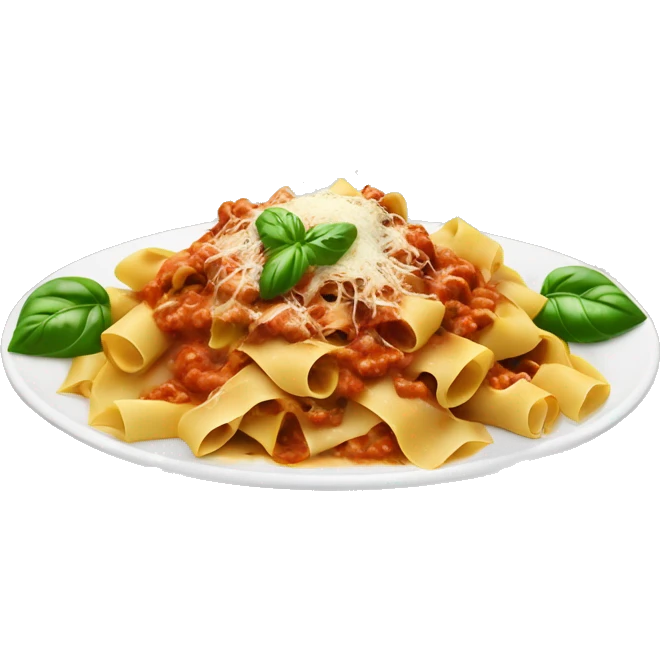 Plate of pappardelle topped with Bolognese sauce, cheese and basil  emoji