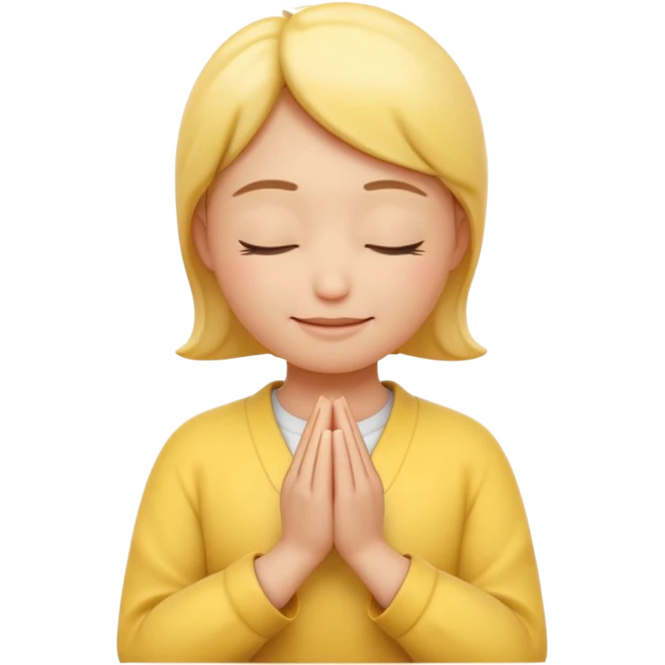 A 3D Apple-style yellow round emoji, calm and patient expression, closed eyes with a gentle smile, hands together in front as if waiting or praying, soft relaxed eyebrows, subtle glow around the head to symbolize patience, clean minimal background emoji