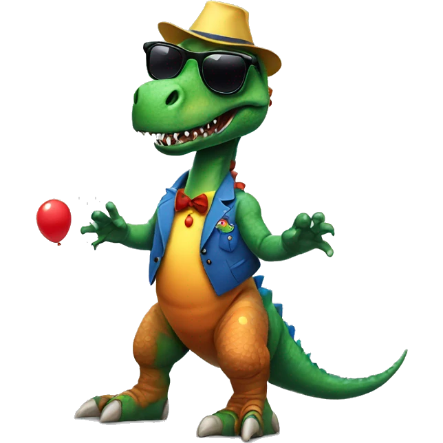 dinosaur with a pair of sunglasses and clown shoes emoji