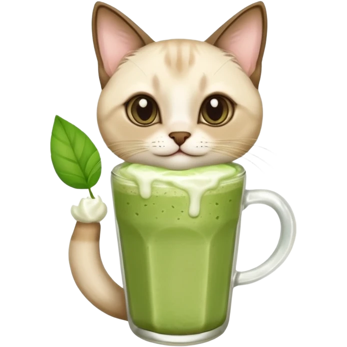 Happy Siamese Cat holding in its paws an iced matcha latte emoji