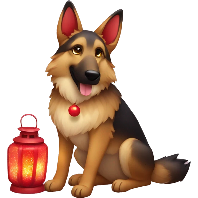 Brindled German shepherd fox carrying glowing red lantern, fairy lights, rose flower crown emoji