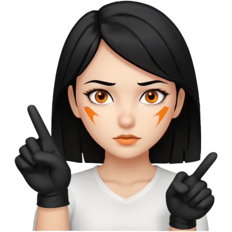 Girl with Black hair , scars on her nose to her left cheeks,orange eyes, withe shirt, pointing at you , with black gloves  emoji