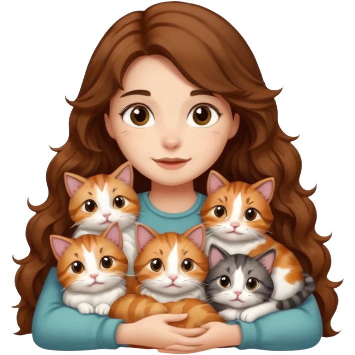 girl with long wavy brown hair cuddling with 6 cute cats emoji