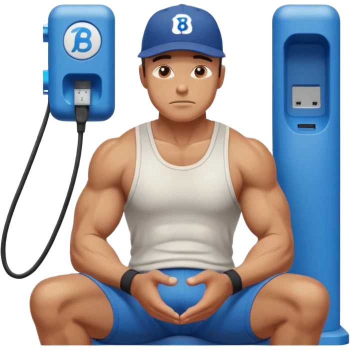 A naked man with bulging muscles sits in a thoughtful pose at a Bluetti charging station. emoji