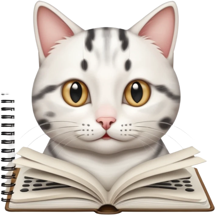 gatita feliz blanca con manchas negras atigradas viendo una libreta anillada  emoji