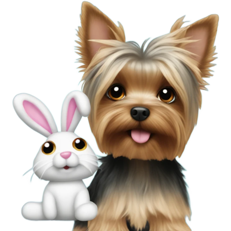 Yorkie with a stuffed animal bunny emoji