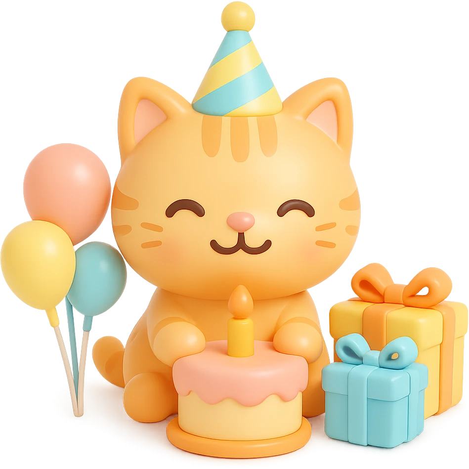 ginger tabby kitten celebrating birthday, wearing a birthday hat, with birthday cake, balloons, happy expression, and gifts emoji