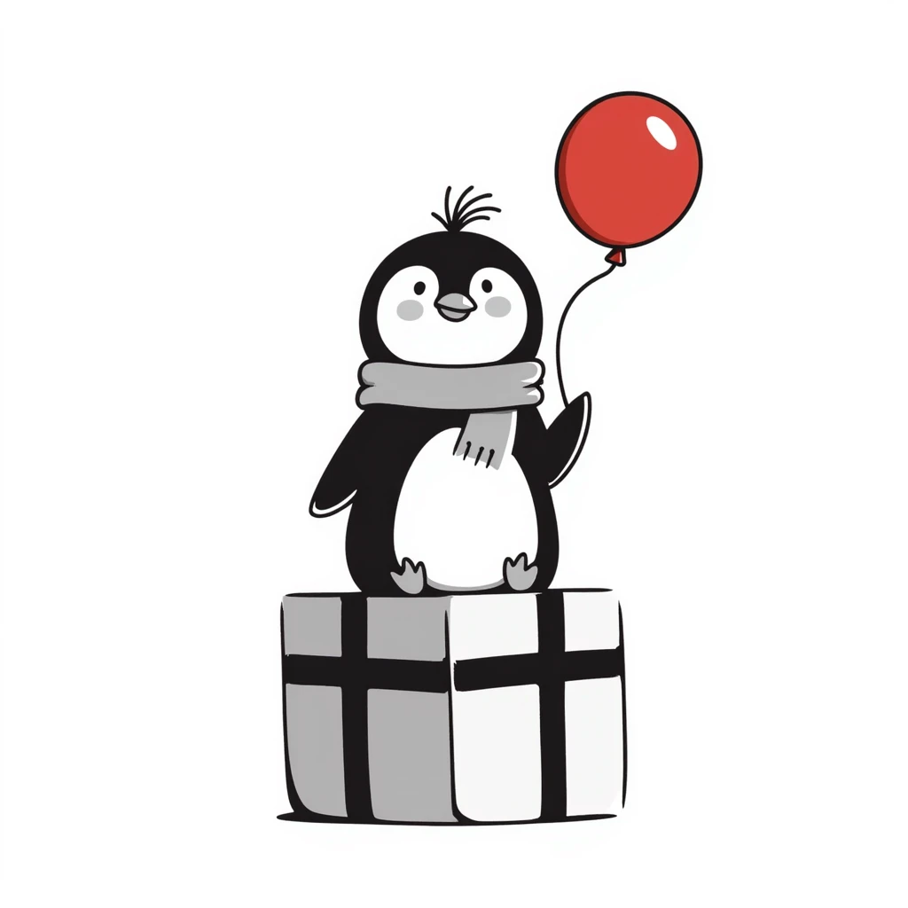 daizy penguin holding a balloon, sitting on a gift box, hand drawn doodle style emoji