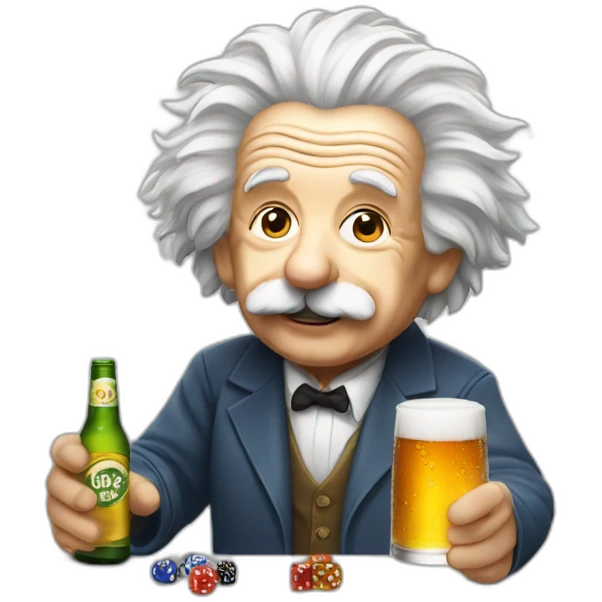 Einstein drinking beer and playing dice emoji