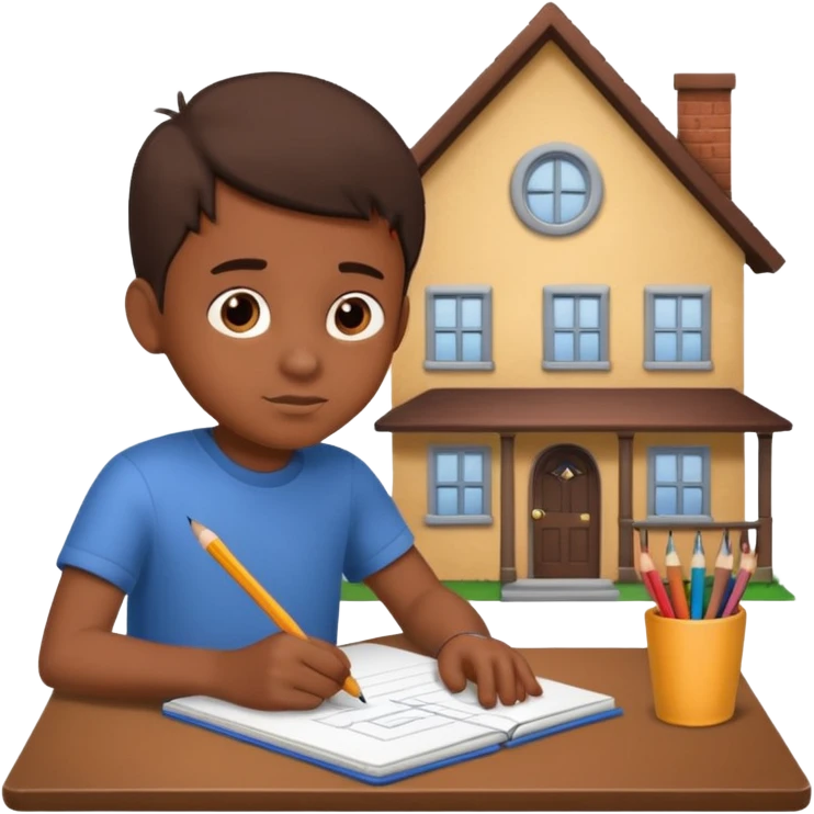 boy drawing little house character on notebook emoji