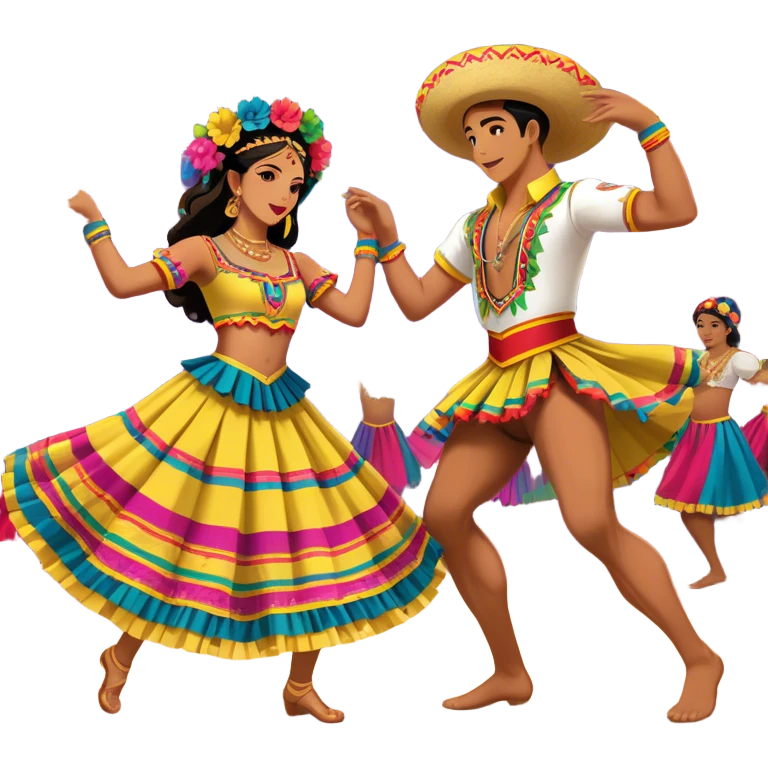 Cinematic Realistic scene of two dancers performing Cumbia, adorned in colorful traditional Colombian costumes with intricate details, captured in rhythmic motion with lively, festive lighting emoji