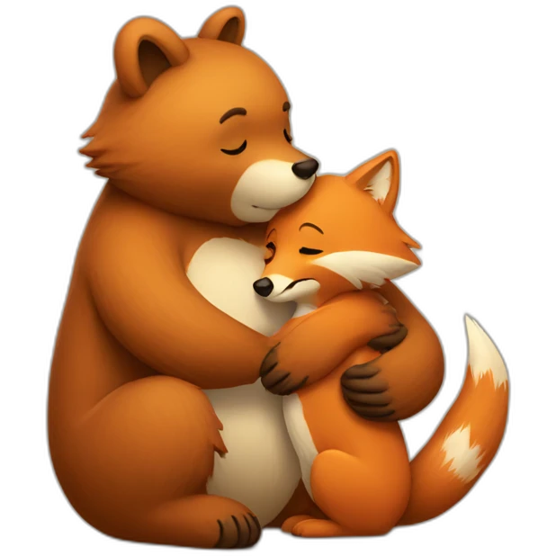 Big bear hugs a small fox very tightly emoji