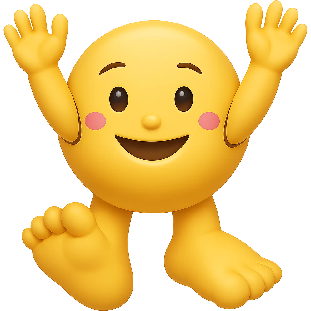 Make the emoji's feet much bigger while keeping the playful pose. Remove the background. The emoji style should be preserved as in the original image. emoji