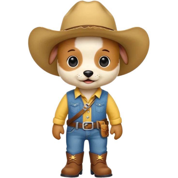 a very cute and adorable anthropomorphic puppy with a cowboy hat ,yellow shirt and blue jeans and brown boots is walking  emoji