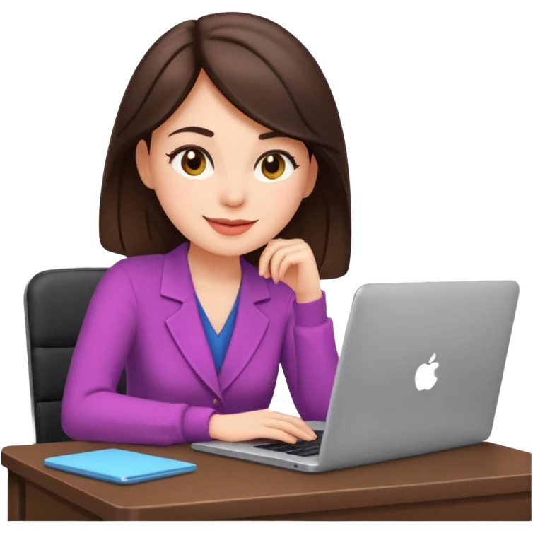Brunette woman working in an office, wearing cute stylish clothes, sitting at a desk with a laptop, emoji style, cheerful expression emoji