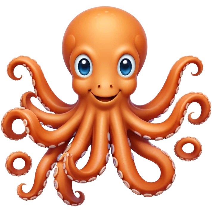 Cinematic Cute smiling Octopus Portrait Emoji, Head tilted playfully and inquisitively, featuring a rounded, light orange body embellished with playful blue rings, eight adorably curling arms, and big, twinkling eyes full of wonder, Simplified yet irresistibly adorable features, highly detailed, glowing with a warm, inviting underwater glow, high shine, affectionate and lively, stylized with a touch of whimsical cartoon charm, soft glowing outline, capturing the essence of a mischievous yet loving octopus that seems as if it could bob out of the screen into your arms! emoji
