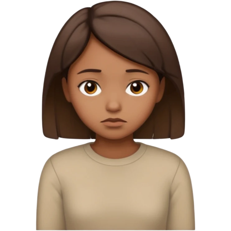 a brown girl with short brown hair wearing a beige full sleeve and looking sad emoji