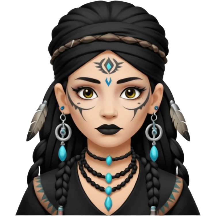 white shaman woman black clothes black accesories face tattoos emoji