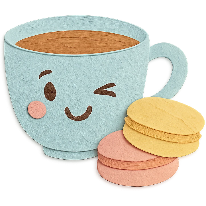 coffee cup with macarons, all winking, soft pastel colors, hand-drawn style emoji