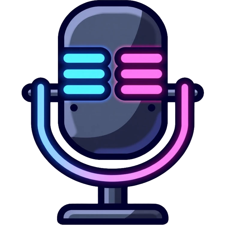 microphone with neon glow effect, blue neon glow on top left, pink neon glow on bottom right emoji
