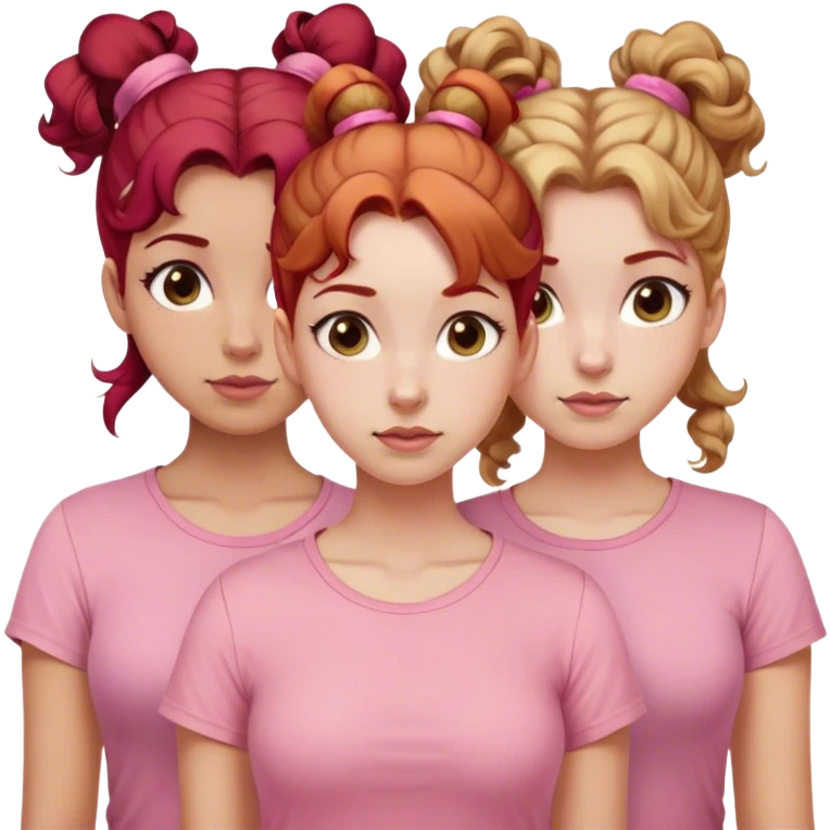 One roll no pink hair allowed Three sisters one of them have red hair with buns. One of them have dirty blonde hair with ponytail. One of them have white curls with light brown hair hair and they are all wearing pink shirts emoji