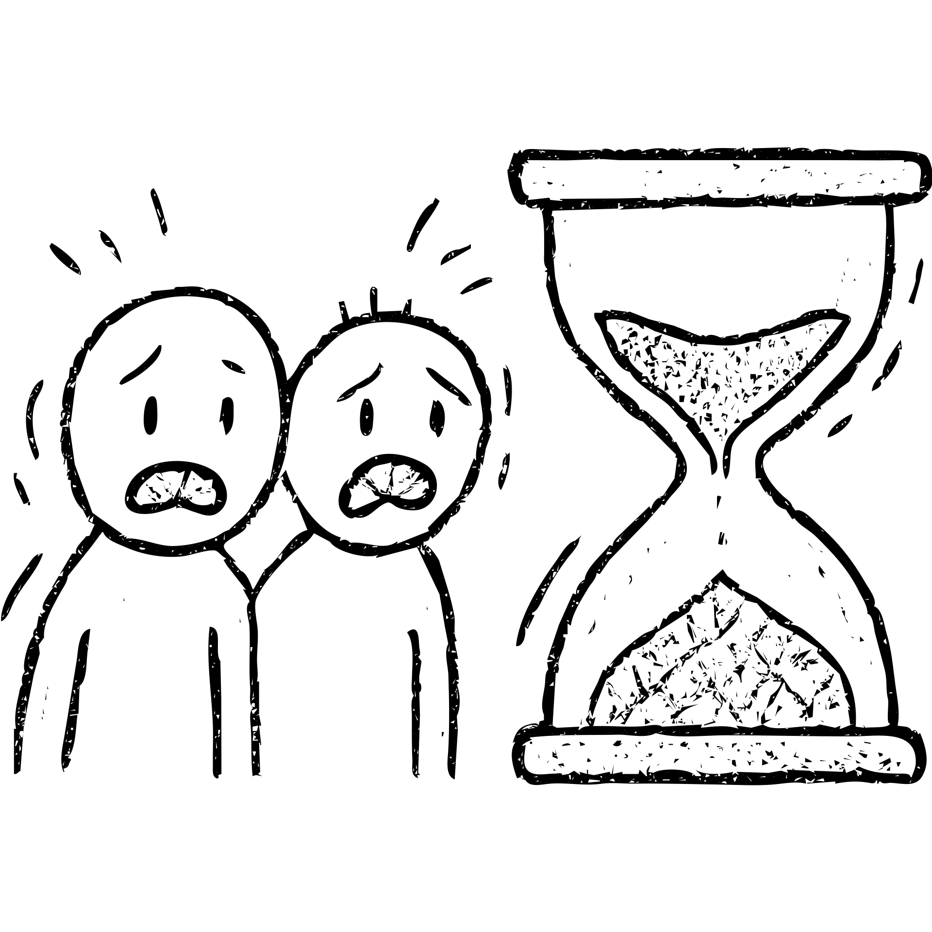 ultra-minimalist hand-drawn outlined icon of two figures, trembling clock or hourglass, extremely worn and eroded texture, anxious and stressed expressions, sense of terror emoji