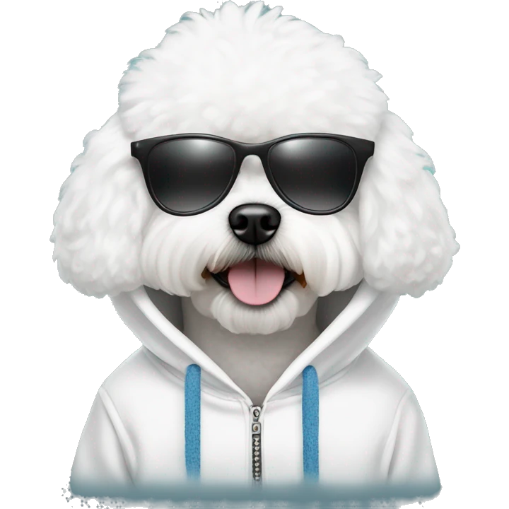 A dog bichon frise using hoodie and using sunglass with the swag vibes emoji