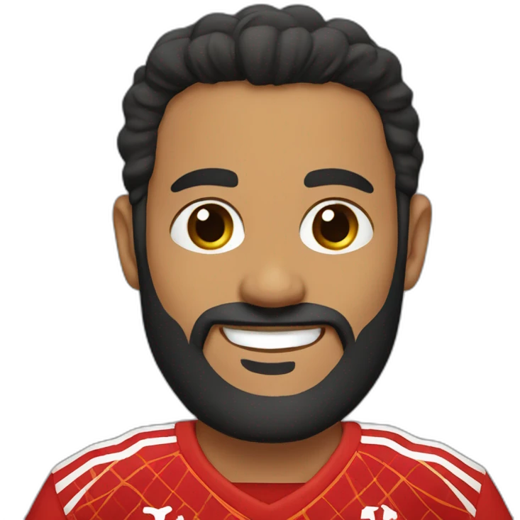 Man with long black beard wearing Moroccan jersey and smiling emoji