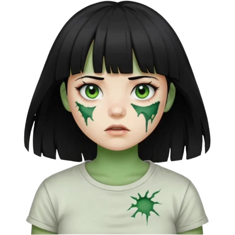 Garota de cabelo preto com franja com a pele verde e ferimentos expostos na cara, usa uma camiseta branca rasgada e suja de poeira  emoji