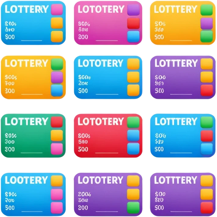 Create blank lottery coupons fanned out, clean and colorful, with different header colors and simple grid sections. No numbers, no text emoji