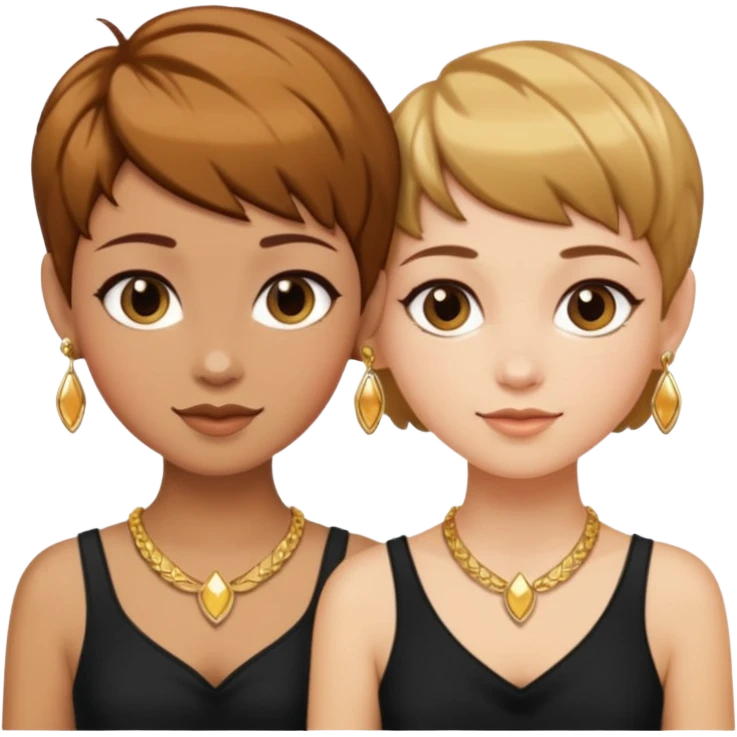 Fair skin and caramel colored besties with brown hair pixie cuts wearing jewelry   emoji