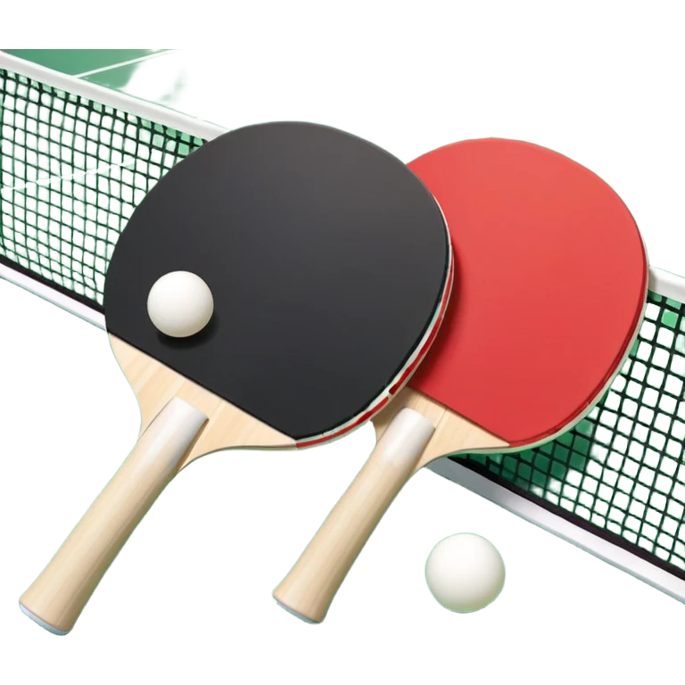 Two table tennis paddles and a ball placed on a ping pong table, with the net in the background. The scene conveys the simplicity and focus of the sport, with vibrant colors highlighting the rackets and ball on the smooth surface of the table. emoji