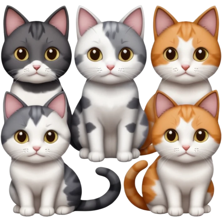 5 different coloured short haired cats including; a dark brown and white cat, and a dark grey and white, and a calico emoji