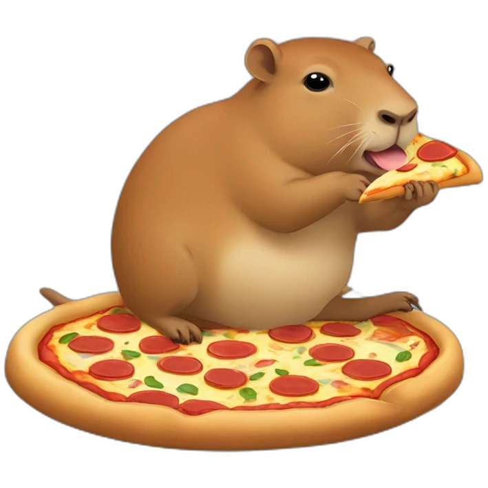 little capybara eating a pizza while riding on capybara emoji