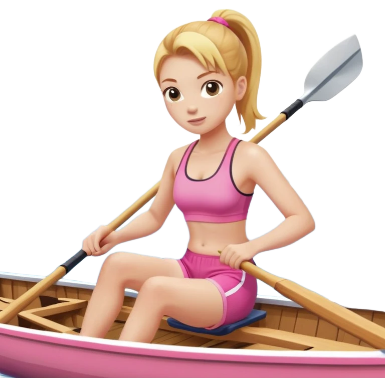 girl with a blonde-ginger high ponytail wearing a pink sports bra and pink shorts rowing a crew boat  emoji