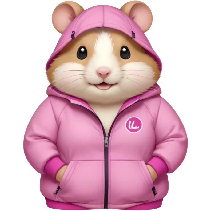 Cute chubby cartoon-style hamster wearing the lululemon pink define jacket, proud and smiling expression. Painterly shading, white background, sticker-style illustration emoji