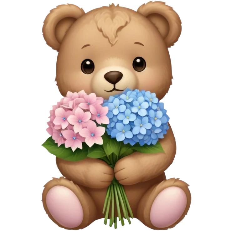 light brown teddy bear super cute holding a light pink and light blue bouquet of hydrangeas emoji